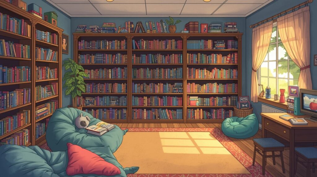 A cozy and inviting illustrated classroom or reading nook, filled with bookshelves