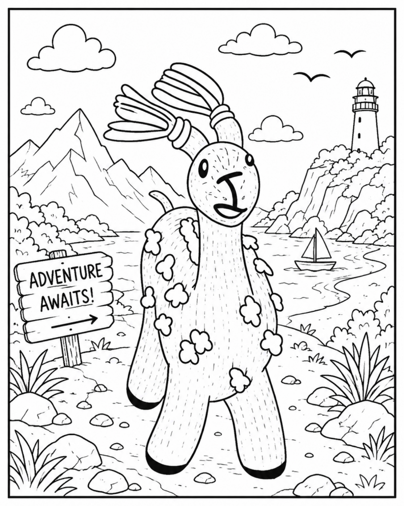 Colouring page of Alberto on an adventure for children’s story activities