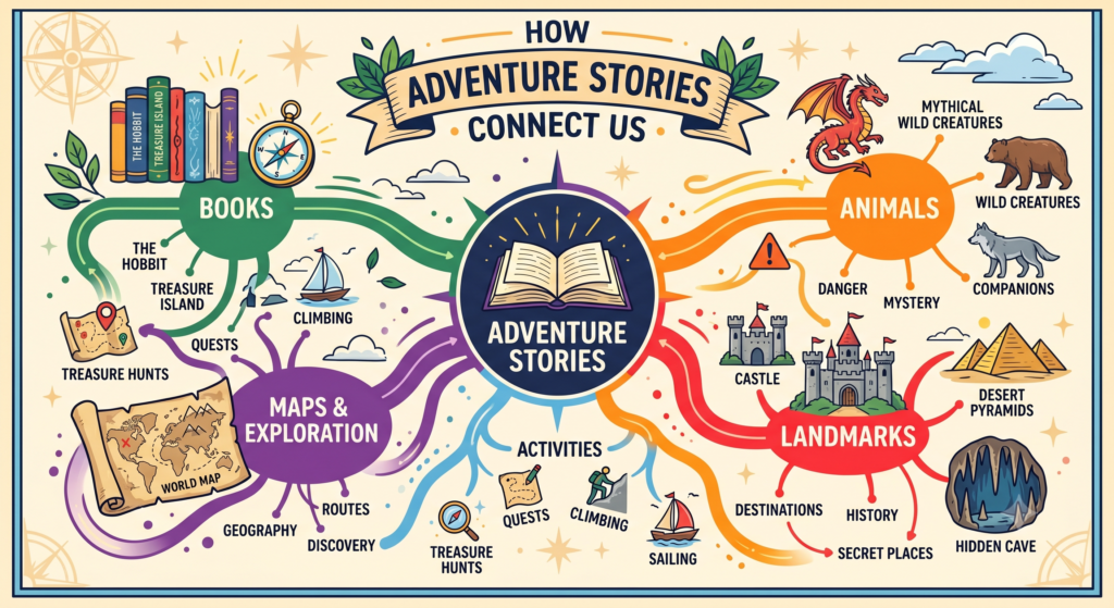 Graphic showing how adventure stories connect books with maps animals landmarks and activities
