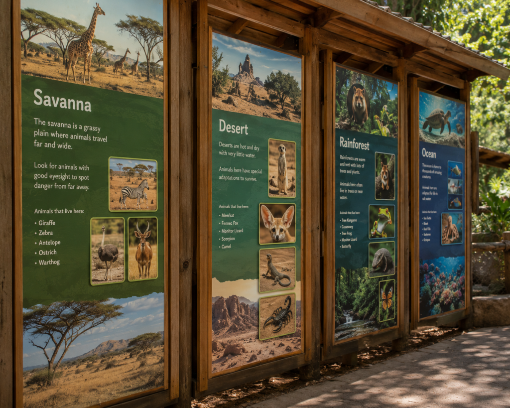 Children learning about animal habitats and conservation through interactive zoo displays