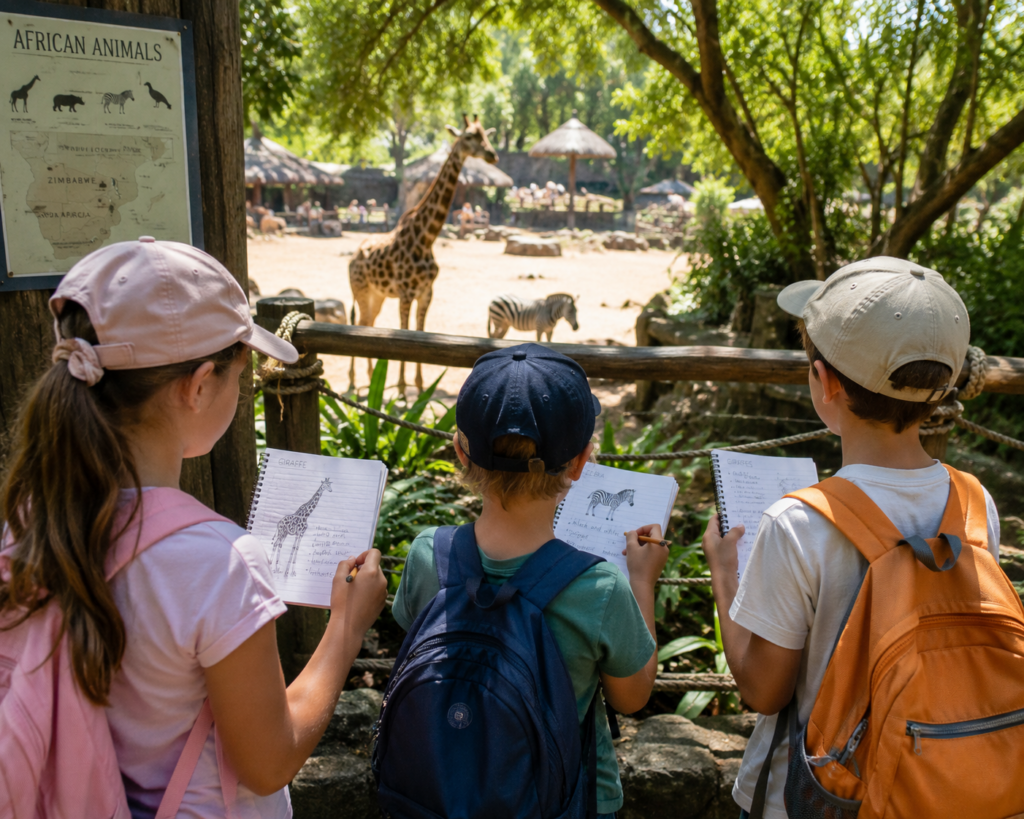 Children using observation journals while learning about animals at Sydney Zoo