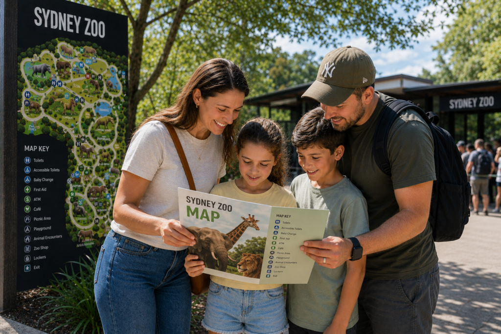 Family using a zoo map to plan their learning adventure at Sydney Zoo