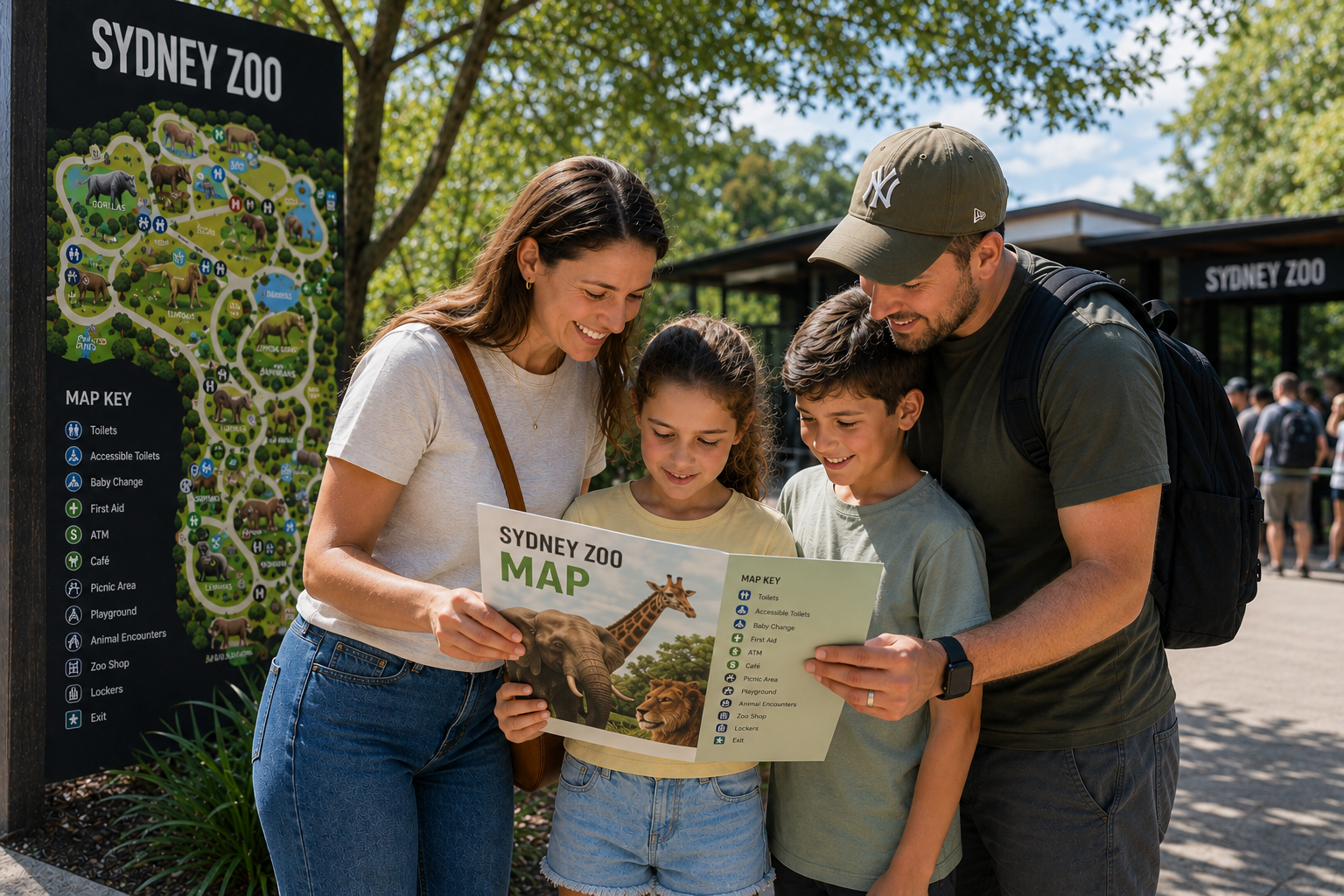 Family using a zoo map to plan their learning adventure at Sydney Zoo